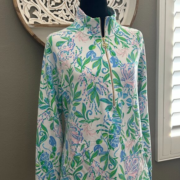 Lilly Pulitzer Skipper Popover Just a Pinch UPF 50+ Size M Floral Green Pink - Picture 2 of 9
